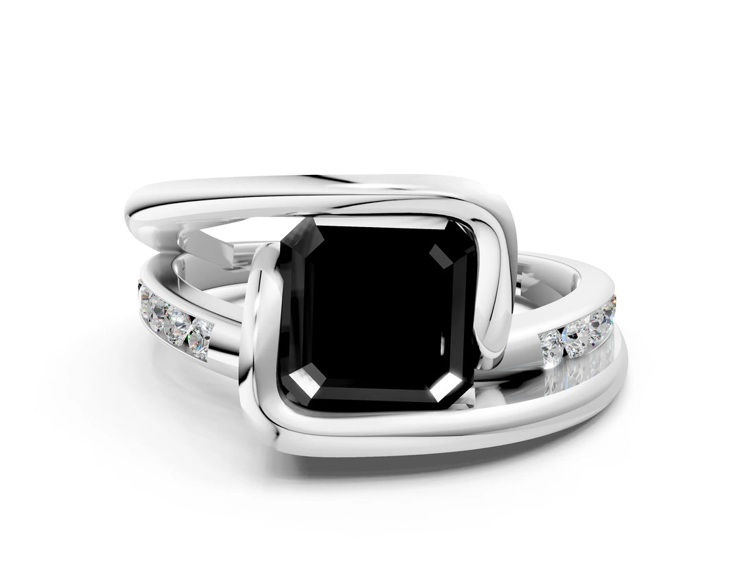 Silver Fancy Black Asscher Cut Solitaire Tension-Set Diamond Split Shank Ring_18