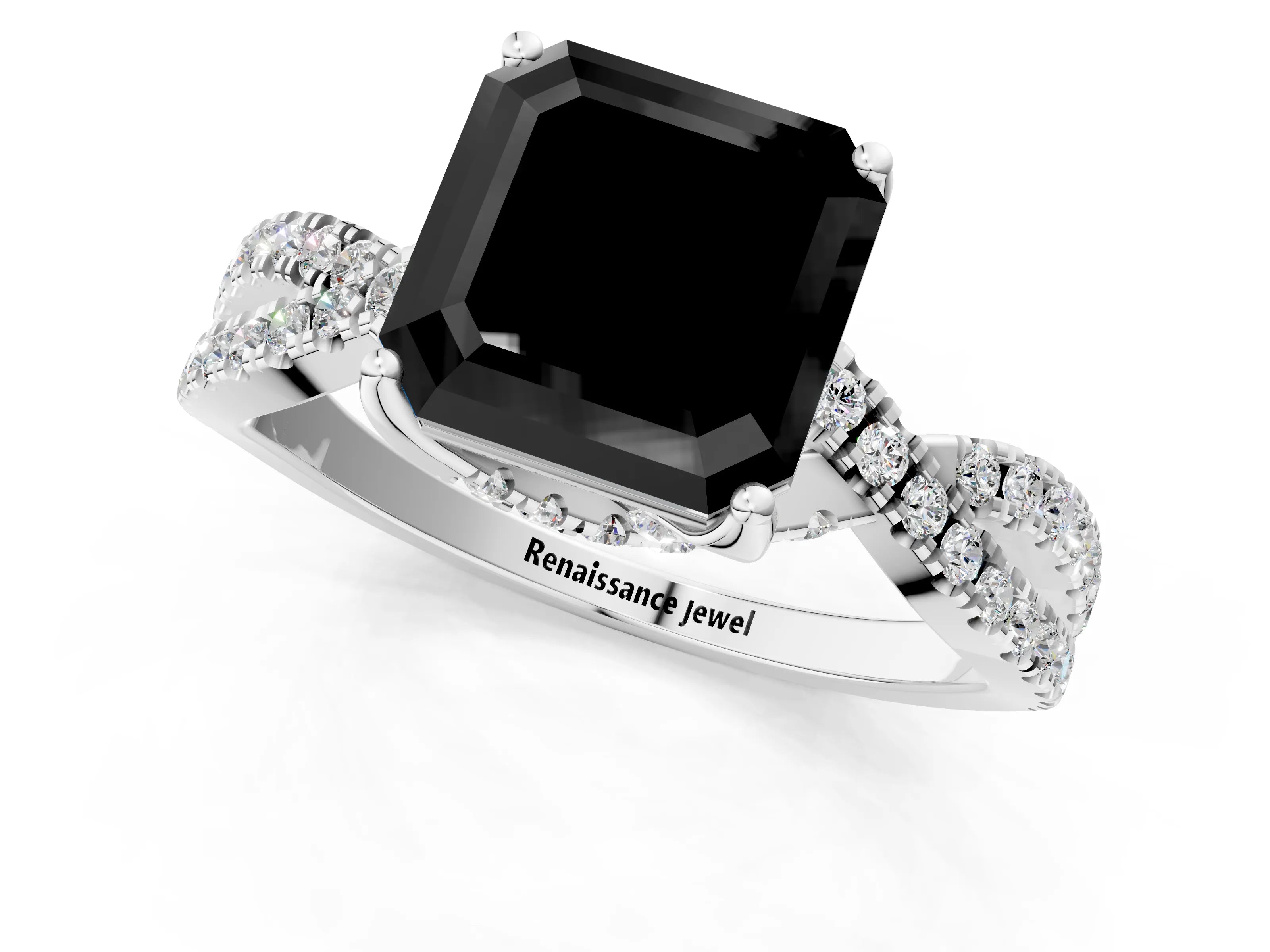 Silver Fancy Black Asscher Cut Solitaire Twist Pave Diamond Engagement Ring with Prong Setting_55