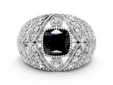Silver Fancy Black Cushion Cut Brilliant Halo Pave Diamond Milgrain Ring_6