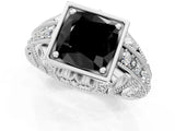 Silver Fancy Black Cushion Cut Brilliant Milgrain Filigree Diamond Ring with Square Prong Setting_7
