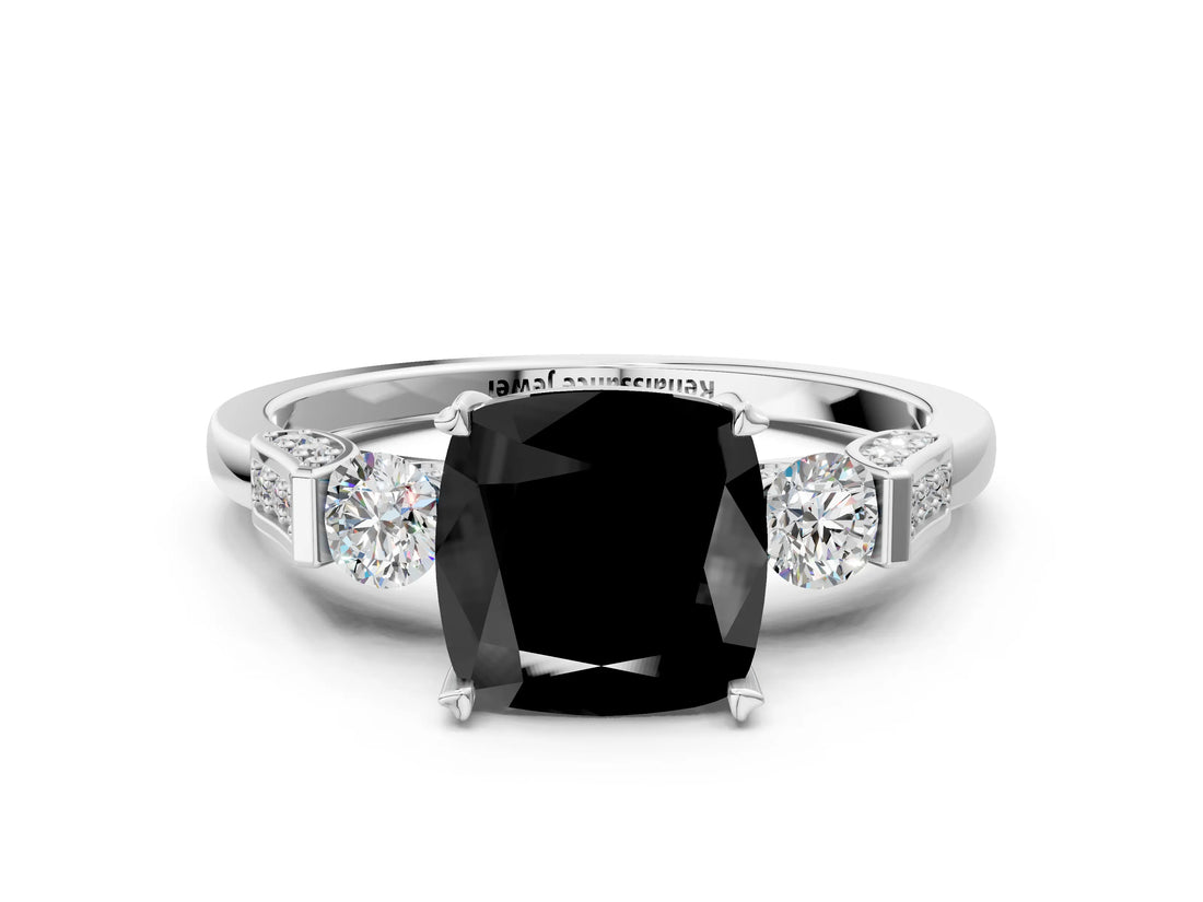 Silver Fancy Black Cushion Cut Brilliant Three-Stone Pave Band with Four-Prong Setting_6