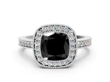Silver Fancy Black Cushion Cut-Cut Diamond Halo Engagement Ring with Pave Band and Prong Setting_12