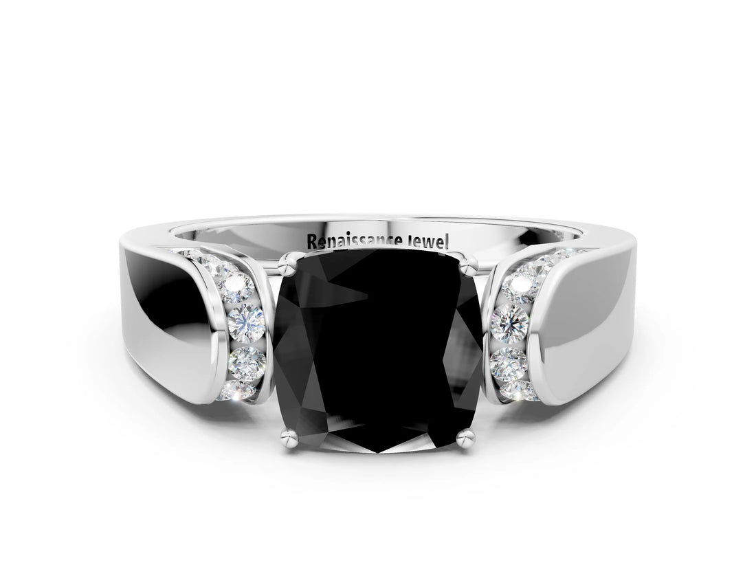 Silver Fancy Black Cushion Cut Diamond Channel Set Solitaire Ring with Four-Prong Setting_51