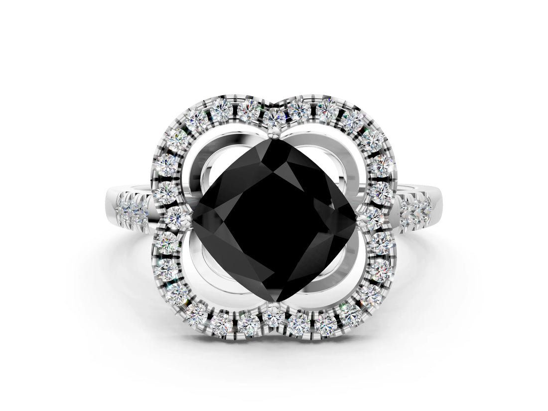 Silver Fancy Black Cushion Cut Diamond Floral Halo Split Shank Prong Setting Ring_36