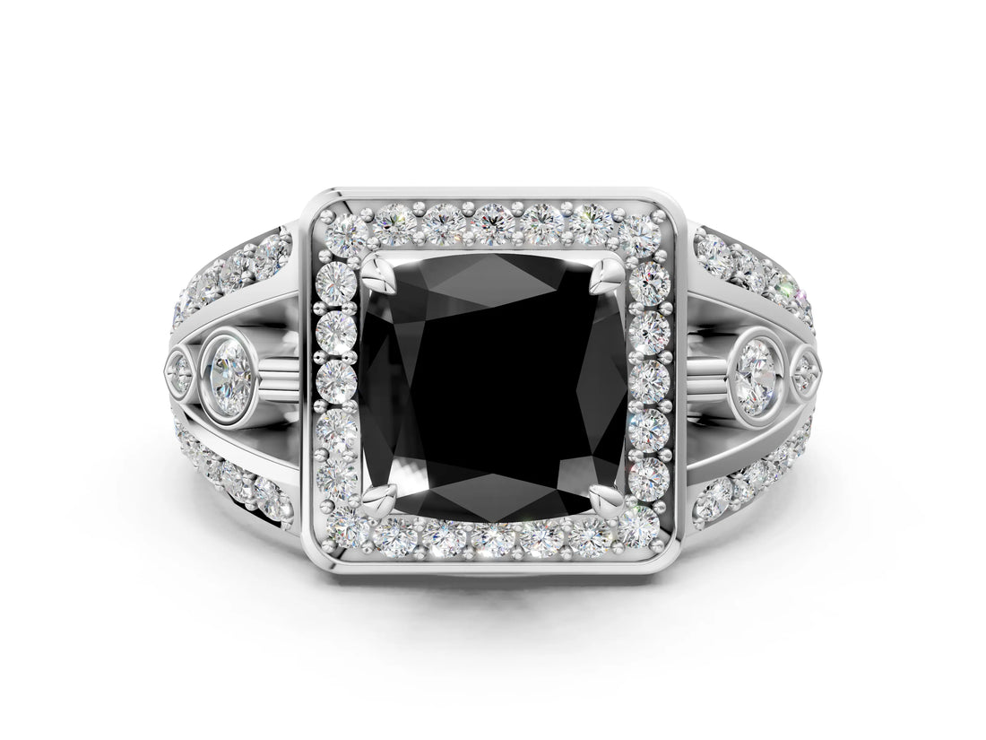 Silver Fancy Black Cushion Cut Diamond Halo Ring with Split Shank and Bezel Accents and Four-Prong Setting_6