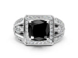 Silver Fancy Black Cushion Cut Diamond Halo Ring with Split Shank and Bezel Accents and Four-Prong Setting_6