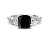 Silver Fancy Black Cushion Cut Diamond Scattered Round Accent Ring with Prong Setting