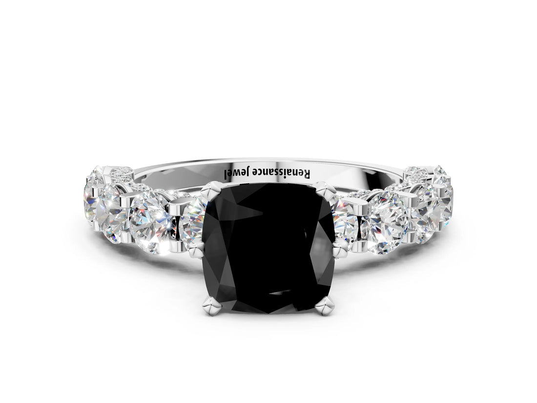 Silver Fancy Black Cushion Cut Diamond Side Stone Engagement Ring with Four-Prong Setting