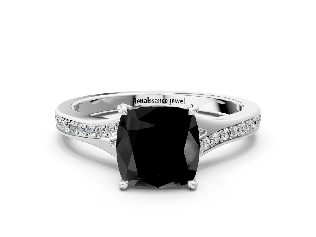 Silver Fancy Black Cushion Cut Diamond Solitaire Ring with Pavé Band and Prong Setting_12