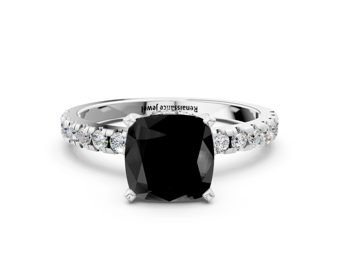 Silver Fancy Black Cushion Cut Diamond Solitaire Ring with Round  Pavé Band and Four-Prong Setting_24
