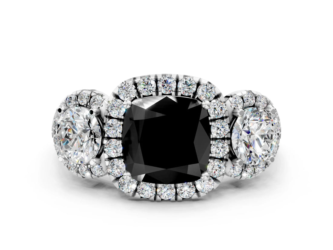 Silver Fancy Black Cushion Cut Diamond Three-Stone Halo Ring with Prong Setting and Pavé Accents_6