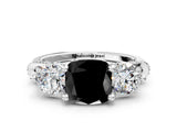 Silver Fancy Black Cushion Cut Diamond Three-Stone Ring with Prong Setting and Pavé Band_6