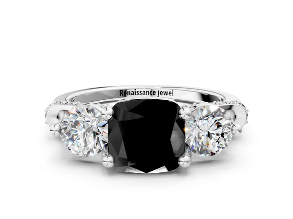 Sterling Silver Cushion Cut Curved Pave Three Stone Engagement Ring Setting for Black Center