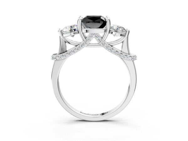 Sterling Silver Cushion Cut Curved Pave Three Stone Engagement Ring Setting for Black Center