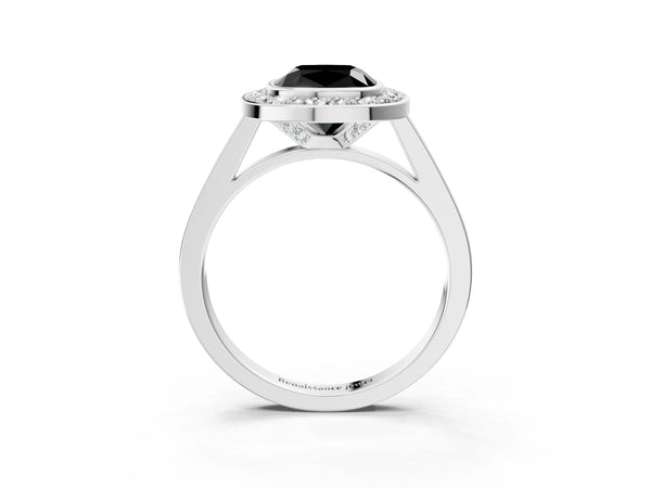 Silver Fancy Black Cushion Cut Halo Bezel Diamond Pave Band Ring