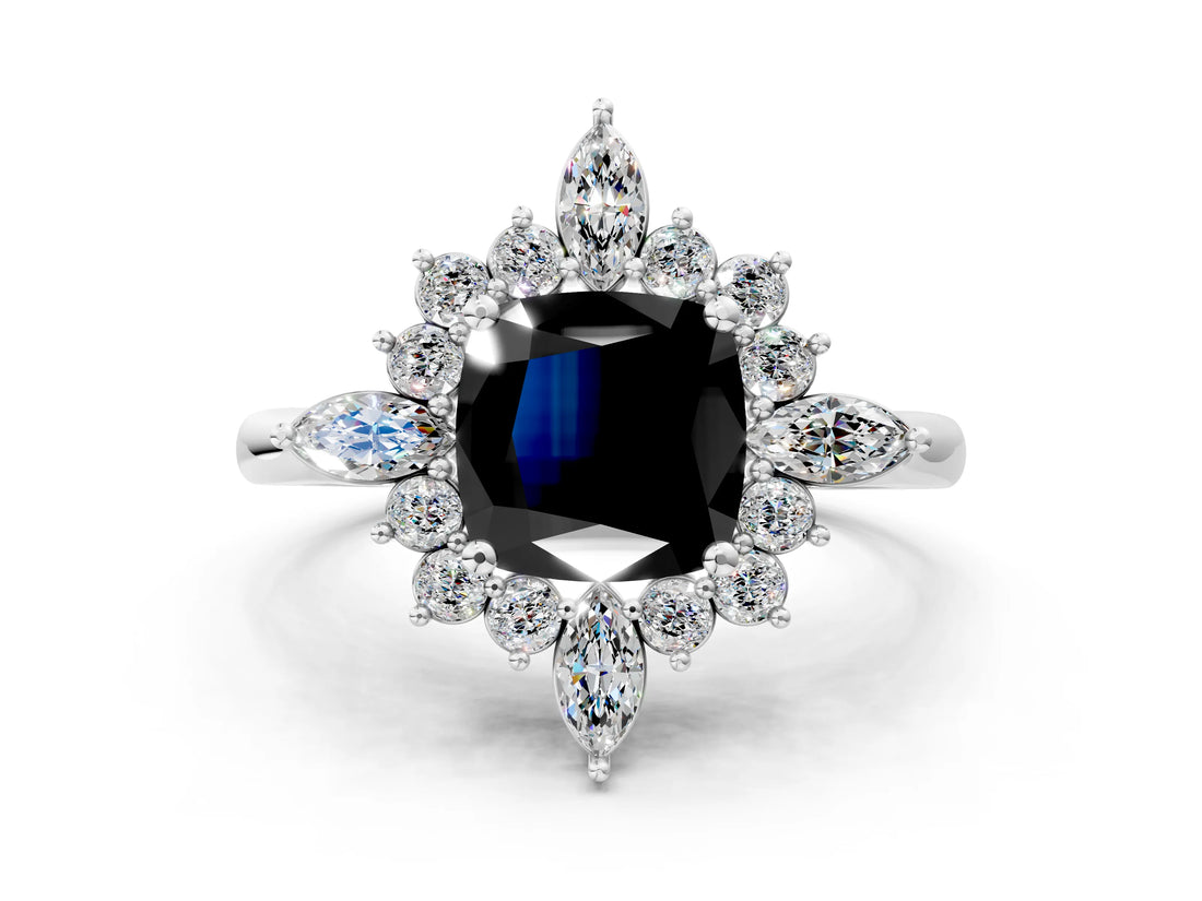 Silver Fancy Black Cushion Cut Halo Diamond Cluster Ring with Marquise and Round Stones on a White Gold Band with Prong Setting_6