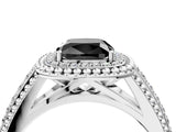 Silver Fancy Black Cushion Cut Halo Diamond Ring with Beaded Split Shank and Four-Prong Setting_10