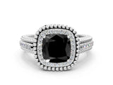 Silver Fancy Black Cushion Cut Halo Diamond Ring with Beaded Split Shank and Four-Prong Setting_6