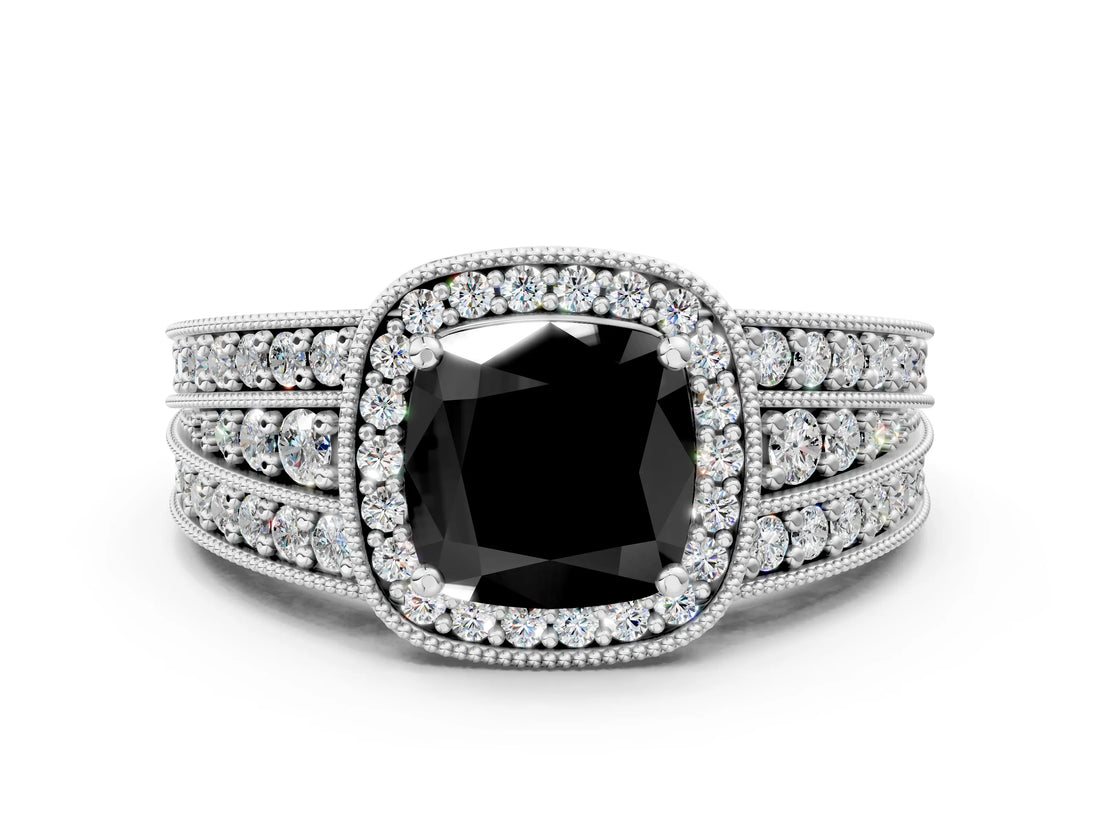 Silver Fancy Black Cushion Cut Halo Diamond Split Shank Ring with Prong Setting_12