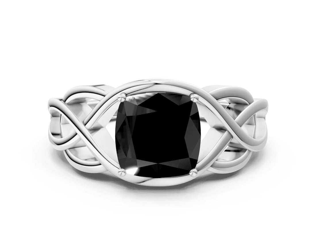 Silver Fancy Black Cushion Cut Solitaire Intertwined Band Prong Setting Ring_6