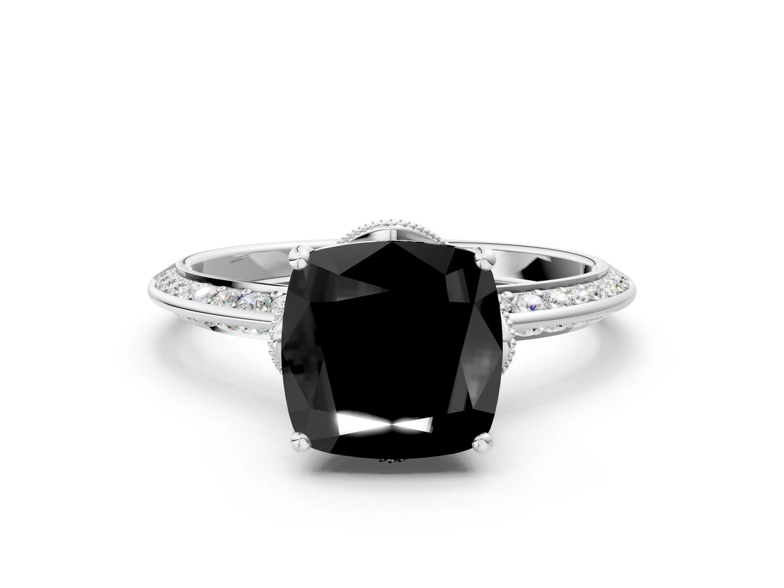 Silver Fancy Black Cushion Cut Solitaire Split Shank Pave Diamond Engagement Ring with Four-Prong Setting_6