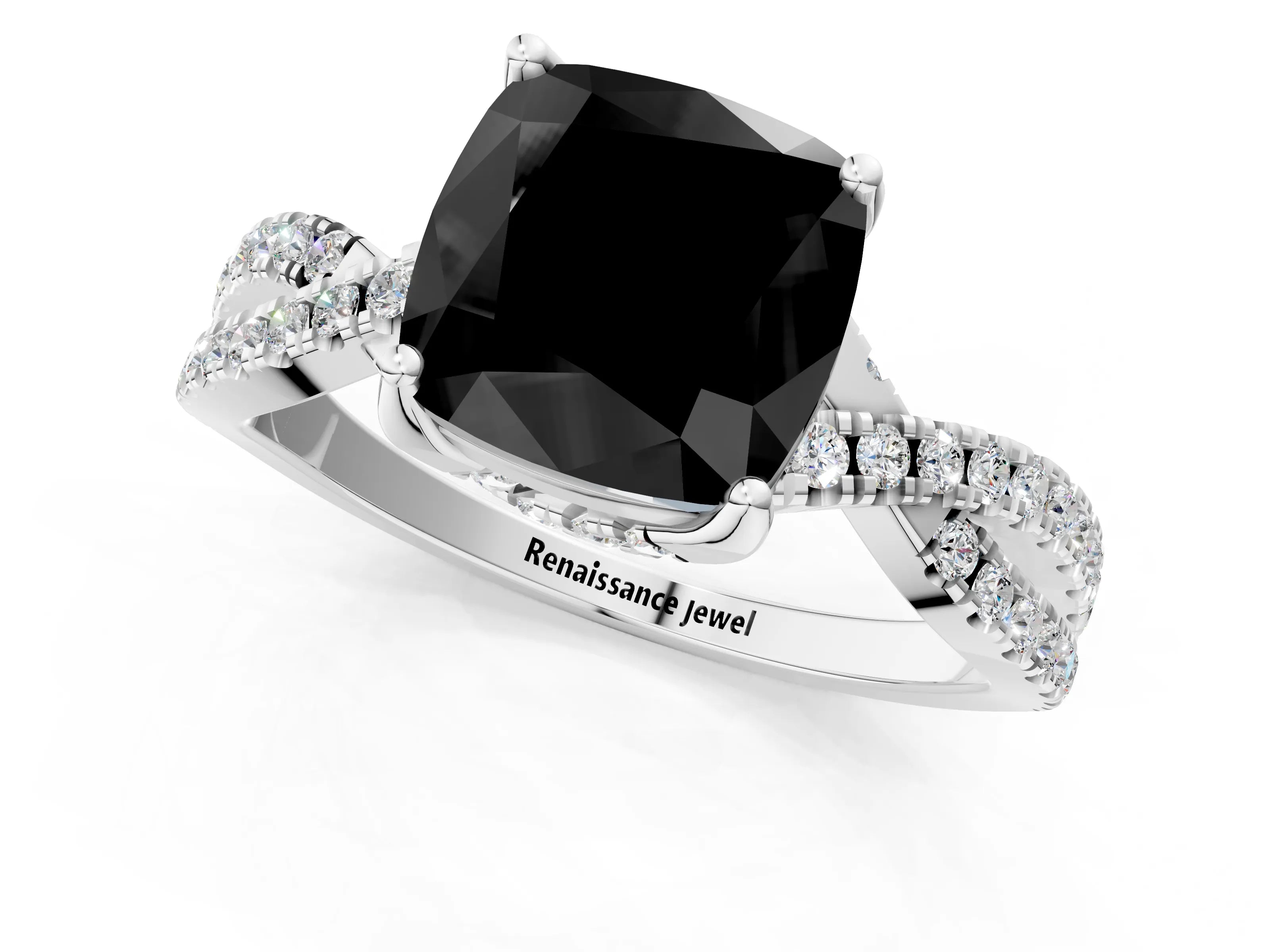 Silver Fancy Black Cushion Cut Solitaire Twist Pave Diamond Engagement Ring with Prong Setting_55