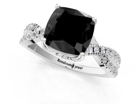 Silver Fancy Black Cushion Cut Solitaire Twist Pave Diamond Engagement Ring with Prong Setting_85