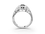 Silver Fancy Black Emerald Cut Brilliant Milgrain Filigree Diamond Ring with Square Prong Setting_9