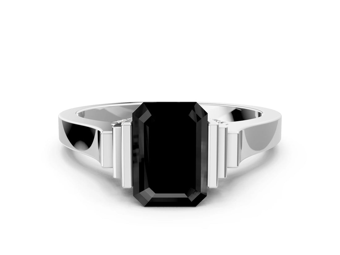 Silver Fancy Black Emerald Cut Brilliant Solitaire Diamond Ring with Channel Set Band and Bar Prong Setting_78
