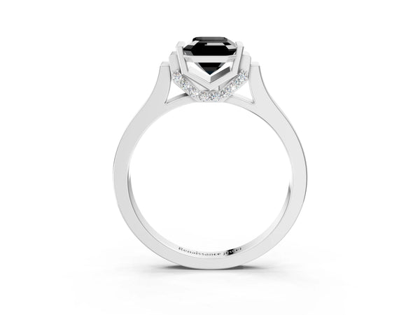 Silver Fancy Black Emerald Cut Brilliant Solitaire Diamond Ring with Channel Set Band and Bar Prong Setting