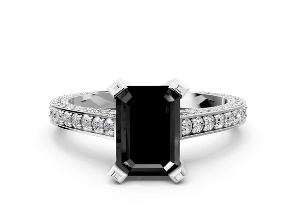 Silver Fancy Black Emerald Cut Brilliant Split Shank Pave Solitaire Ring with Four-Prong Setting