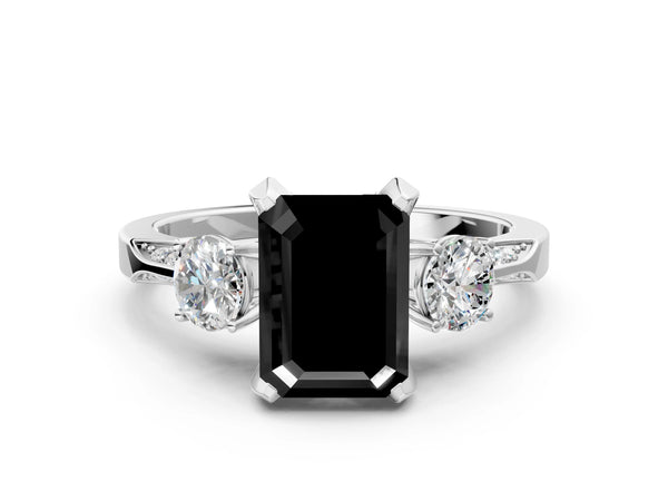 Sterling Silver Emerald Cut Three Stone Hidden Halo Engagement Ring Setting for Black Center