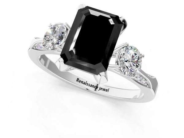 Sterling Silver Emerald Cut Three Stone Hidden Halo Engagement Ring Setting for Black Center