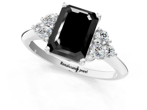 Silver Fancy Black Emerald Cut Cut Diamond Cluster Ring with Solitaire Band and Four-Prong Setting_19