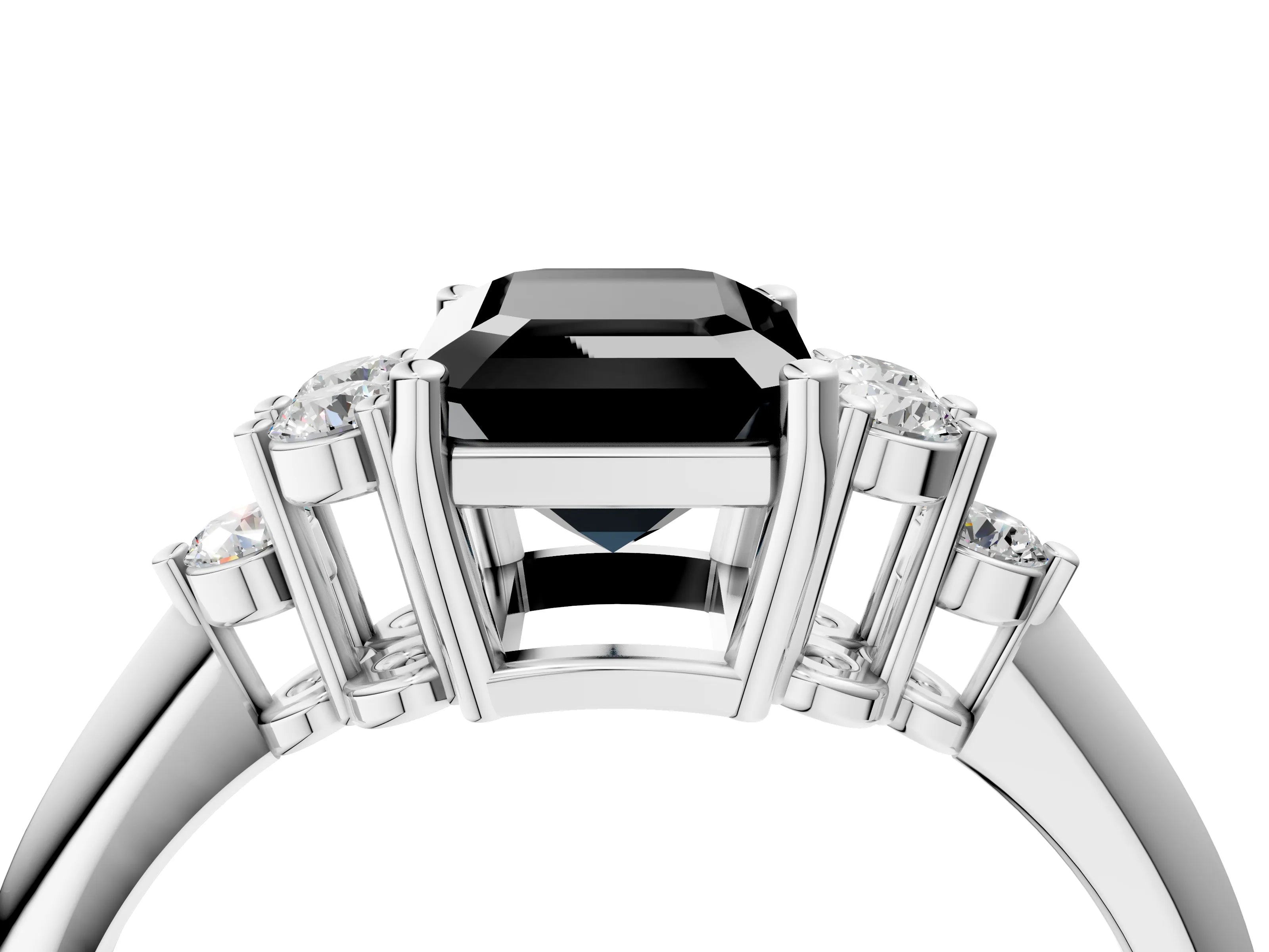 Silver Fancy Black Emerald Cut Cut Diamond Cluster Ring with Solitaire Band and Four-Prong Setting_22