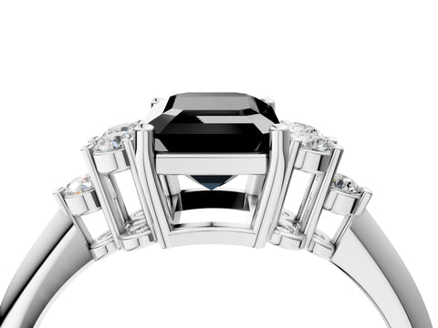 Silver Fancy Black Emerald Cut Cut Diamond Cluster Ring with Solitaire Band and Four-Prong Setting_22