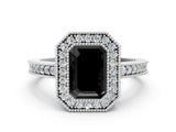 Silver Fancy Black Emerald Cut-Cut Diamond Halo Engagement Ring with Pave Band and Prong Setting_6