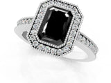 Silver Fancy Black Emerald Cut-Cut Diamond Halo Engagement Ring with Pave Band and Prong Setting_7