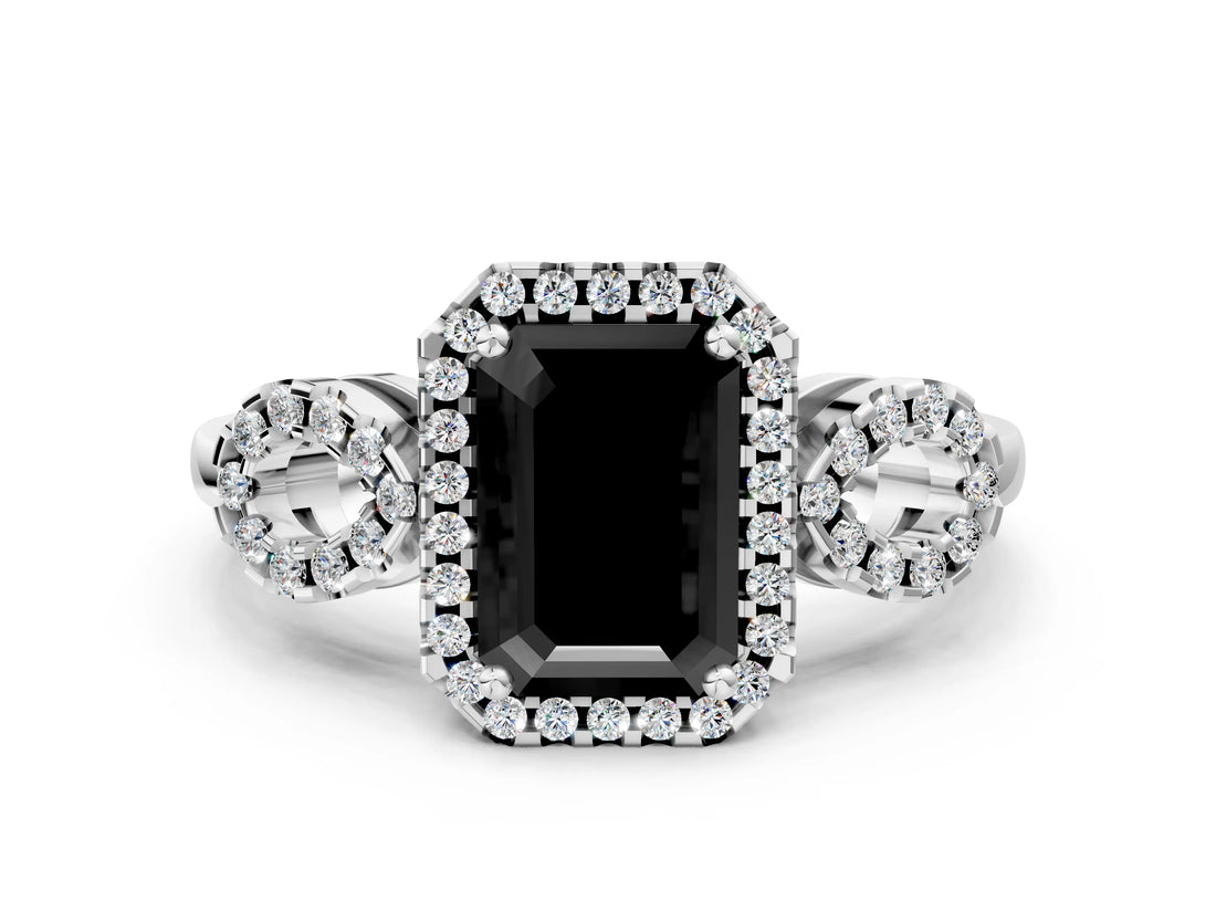 Silver Fancy Black Emerald Cut Cut Halo Diamond Infinity Band with Four-Prong Setting_6