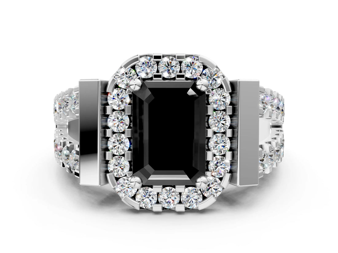 Silver Fancy Black Emerald Cut Cut Halo Split Shank Prong Set Ring_6