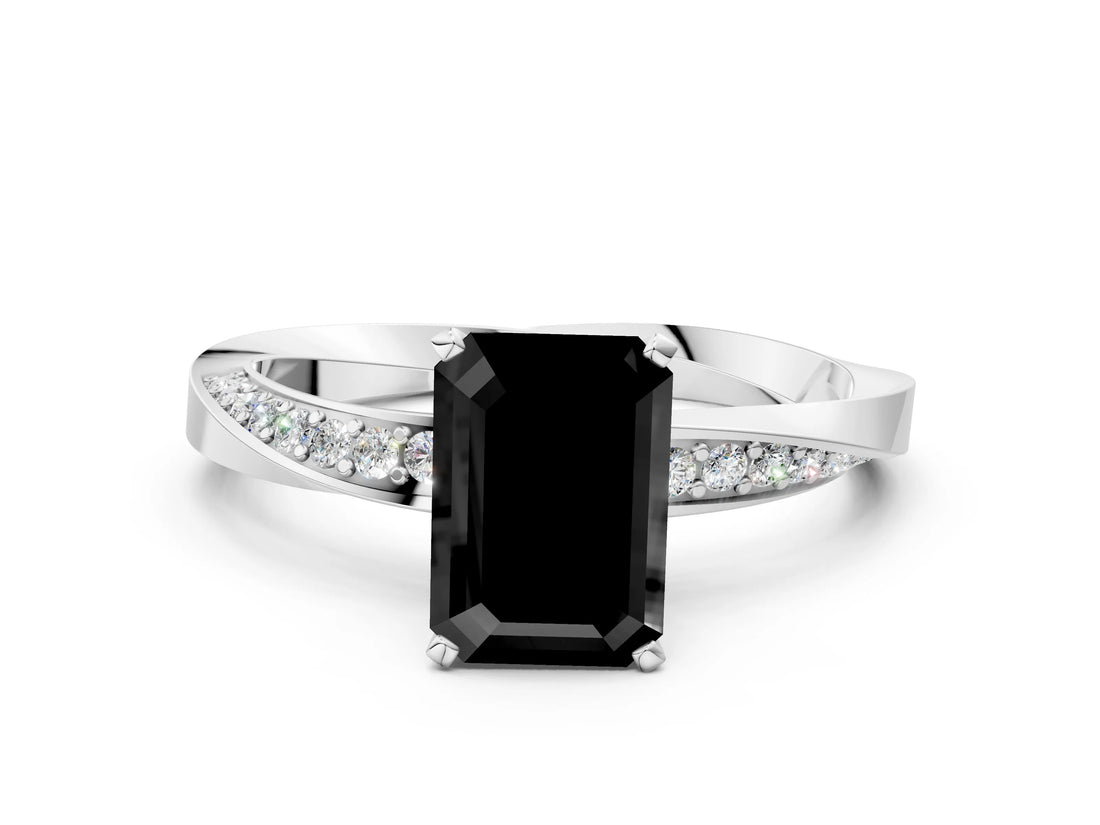 Silver Fancy Black Emerald Cut Diamond Engagement Ring with Side Stone Accents and Four-Prong Setting_24