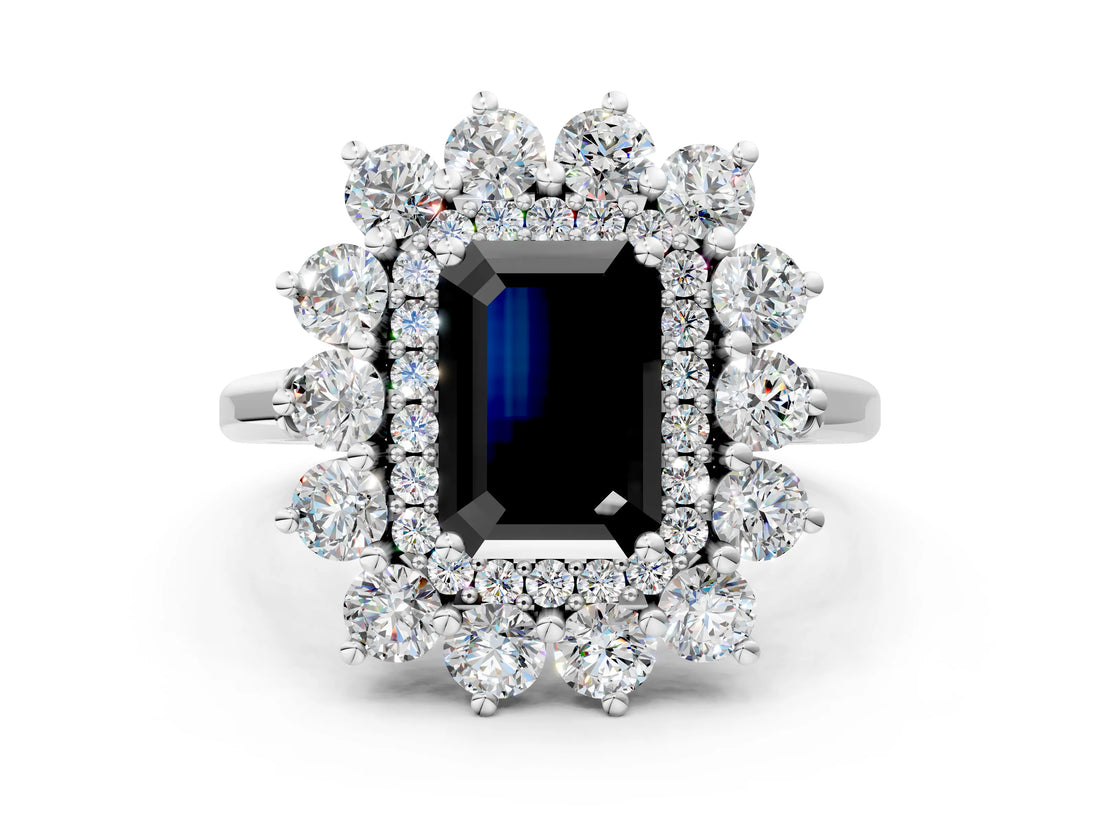 Silver Fancy Black Emerald Cut Diamond Floral Double Halo Engagement Ring with Prong Setting_30