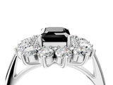 Silver Fancy Black Emerald Cut Diamond Floral Double Halo Engagement Ring with Prong Setting_34