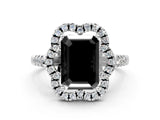 Silver Fancy Black Emerald Cut Diamond Floral Halo Split Shank Prong Setting Ring_6