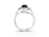 Silver Fancy Black Emerald Cut Diamond Floral Halo Split Shank Prong Setting Ring_9