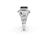 Silver Fancy Black Emerald Cut Diamond Halo Ring with Split Shank and Bezel Accents and Four-Prong Setting_13