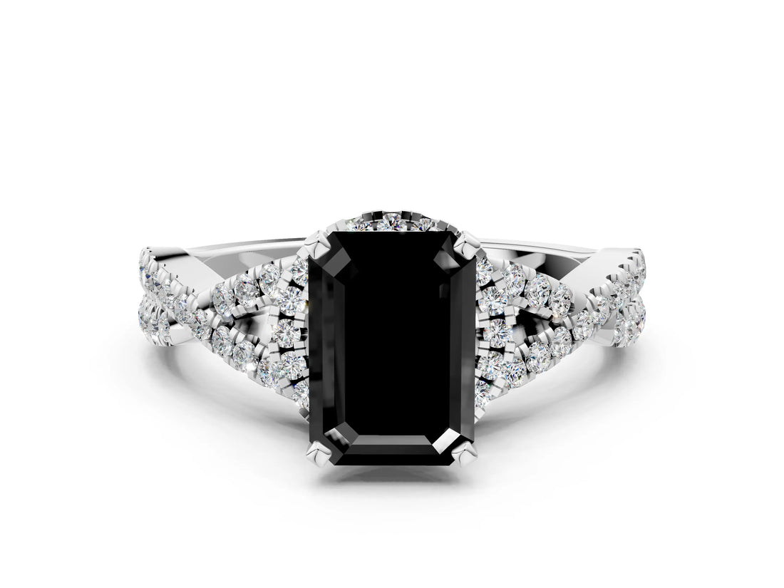 Silver Fancy Black Emerald Cut Diamond  Halo Twist Band Solitaire Prong Setting Ring_12