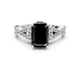 Silver Fancy Black Emerald Cut Diamond  Halo Twist Band Solitaire Prong Setting Ring_12