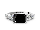 Silver Fancy Black Emerald Cut Diamond Scattered Round Accent Ring with Prong Setting