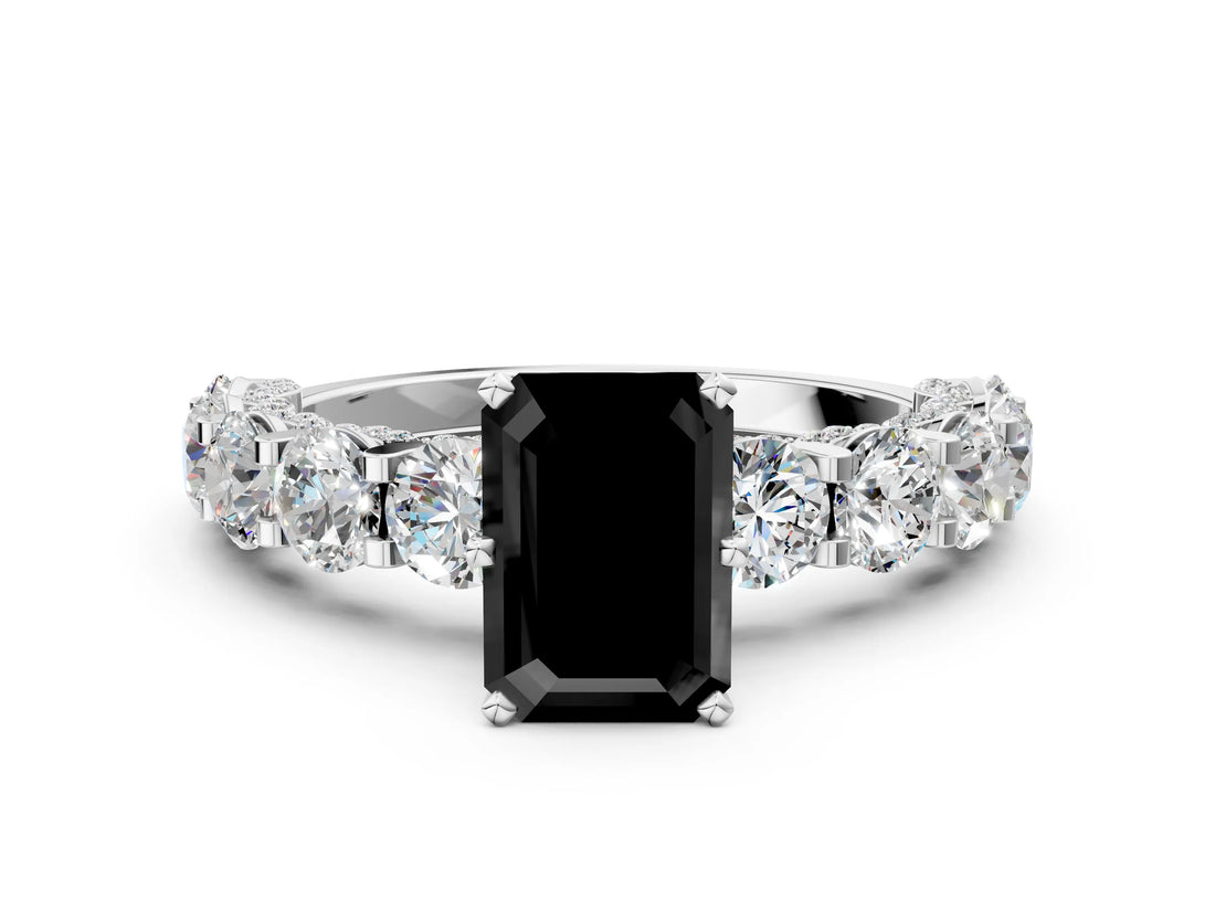 Silver Fancy Black Emerald Cut Diamond Side Stone Engagement Ring with Four-Prong Setting_12